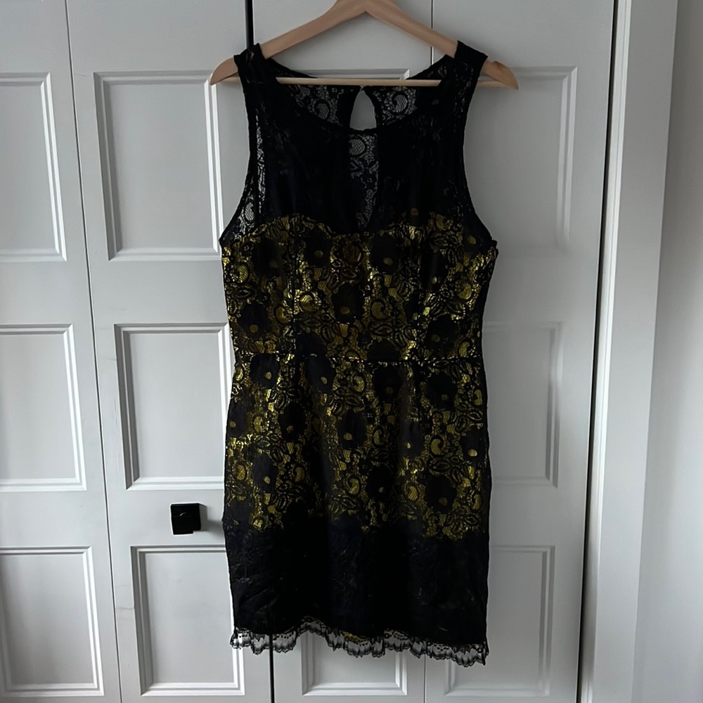 Black Lace and Yellow Sleeveless Mini Dress